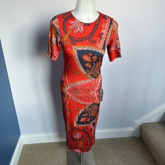 Farm Rio Red Orange Giannina Knit Paisley Midi Dress - Size XS - Picture 10 of 12